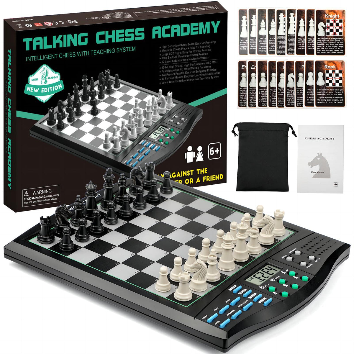 JWSCHESSSUN Talking Chess Academy board with magnetic pieces for quick, tactile play.