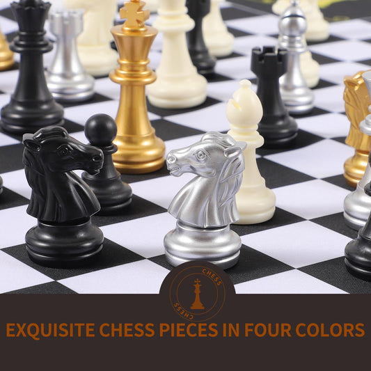Jyquorp four-players chess set includes 64 pieces for complete interactive gameplay.