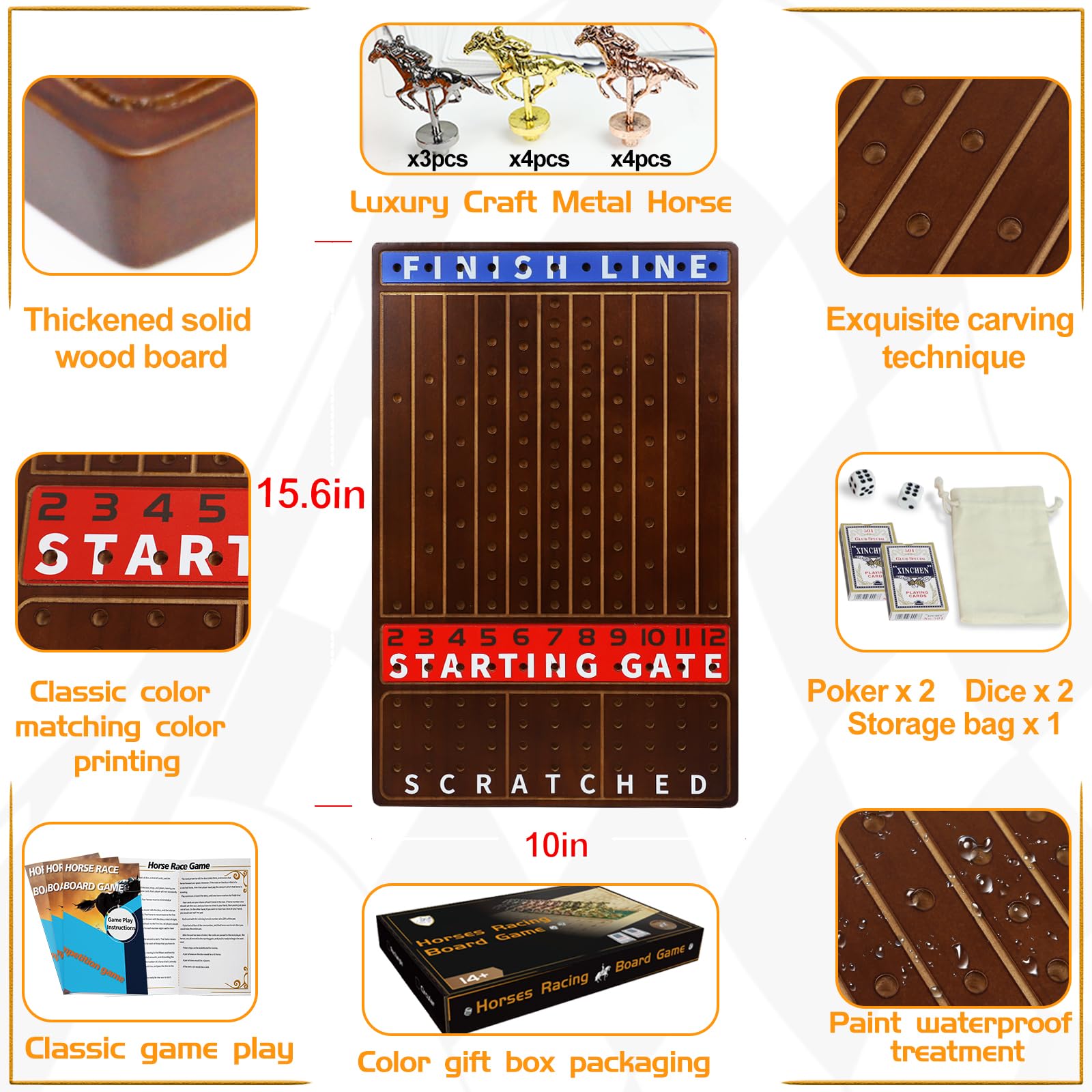 Jyquorp metal horse race board game wooden board texture highlighting thick wooden slab.