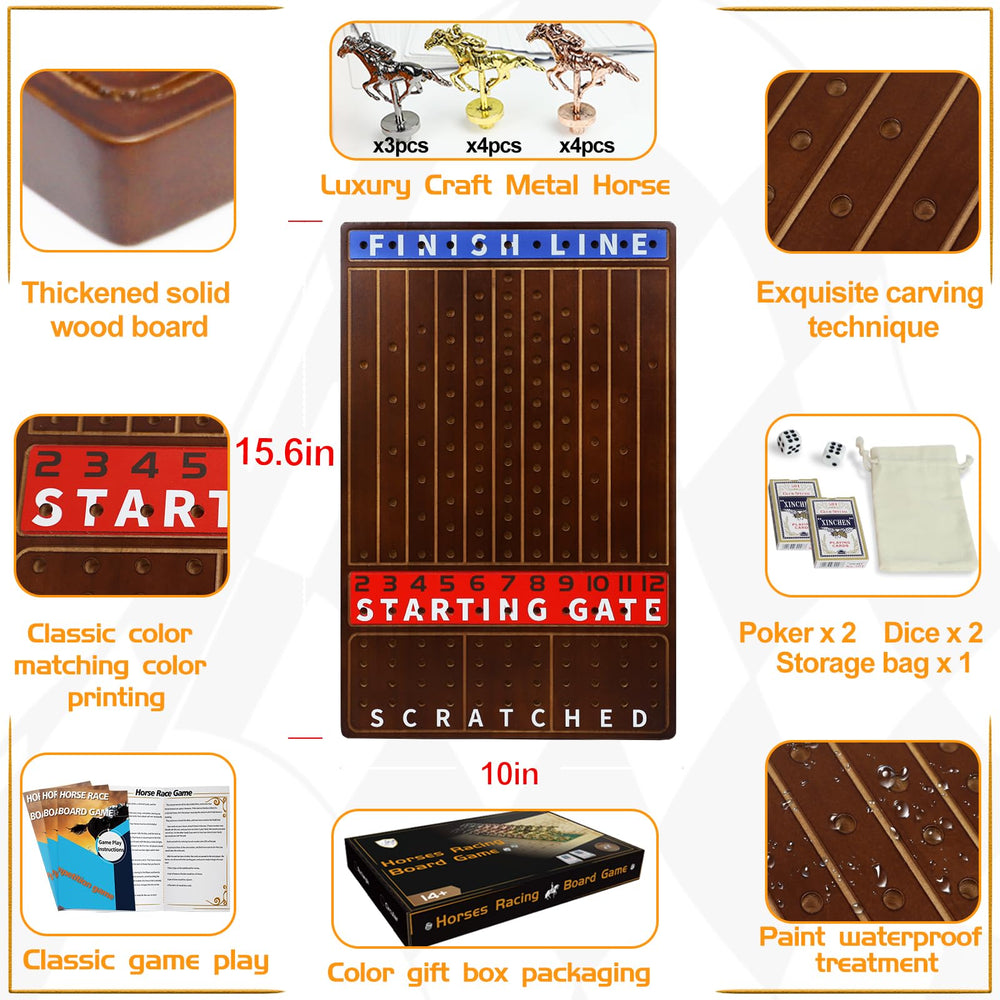 Jyquorp metal horse race board game wooden board texture highlighting thick wooden slab.