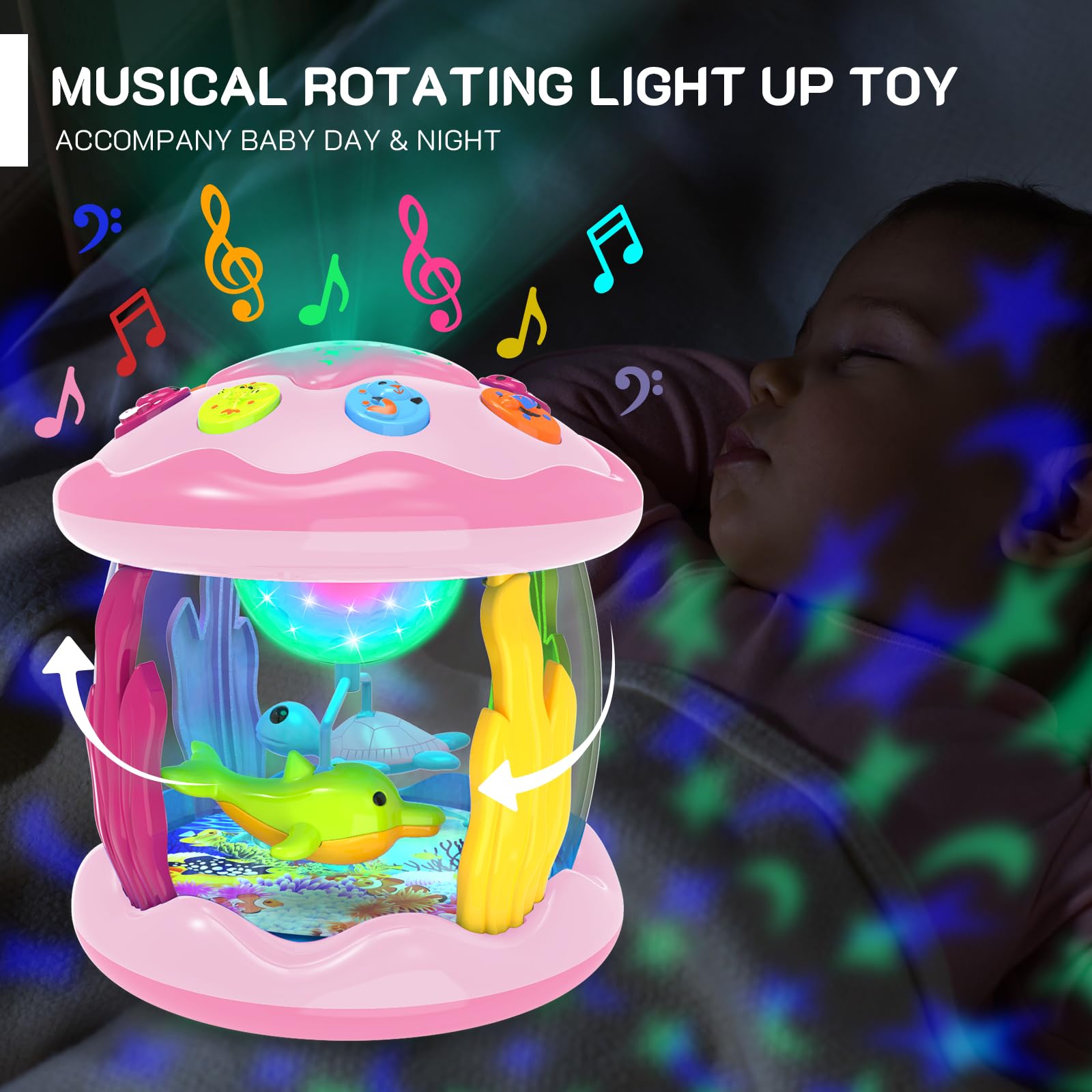 Jyusmile projection light on the floor helps protect baby's eyes while engaging.