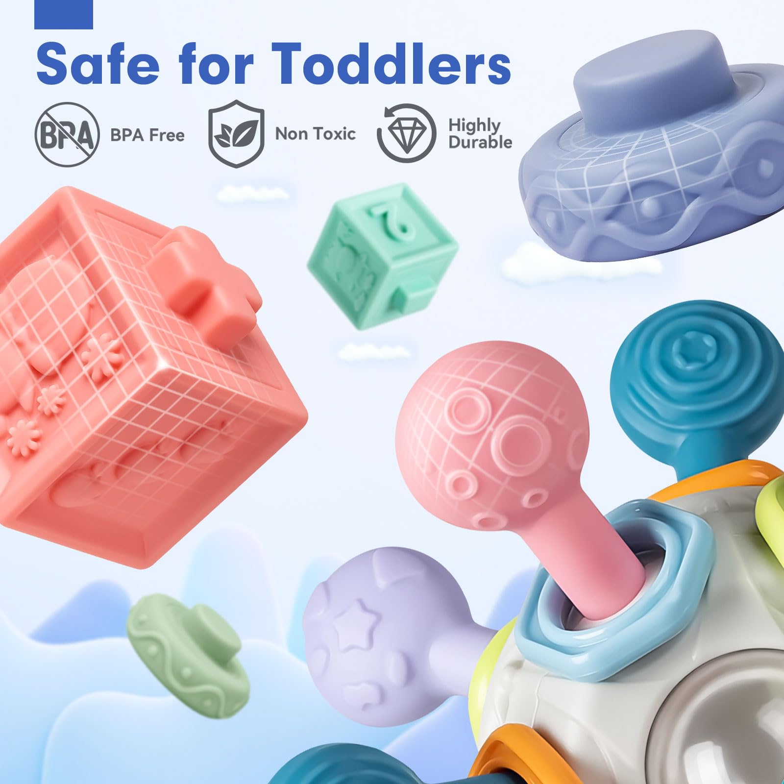 Jyusmile connectable building blocks promote color and shape recognition during play.