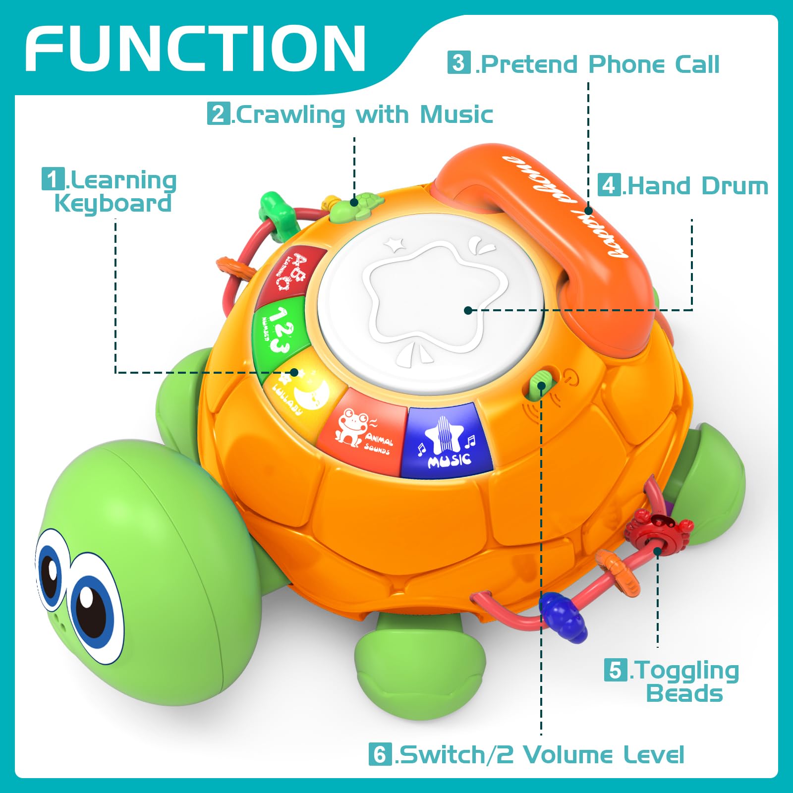 Jyusmile turtle toy with lights and songs captures attention and aids focus.
