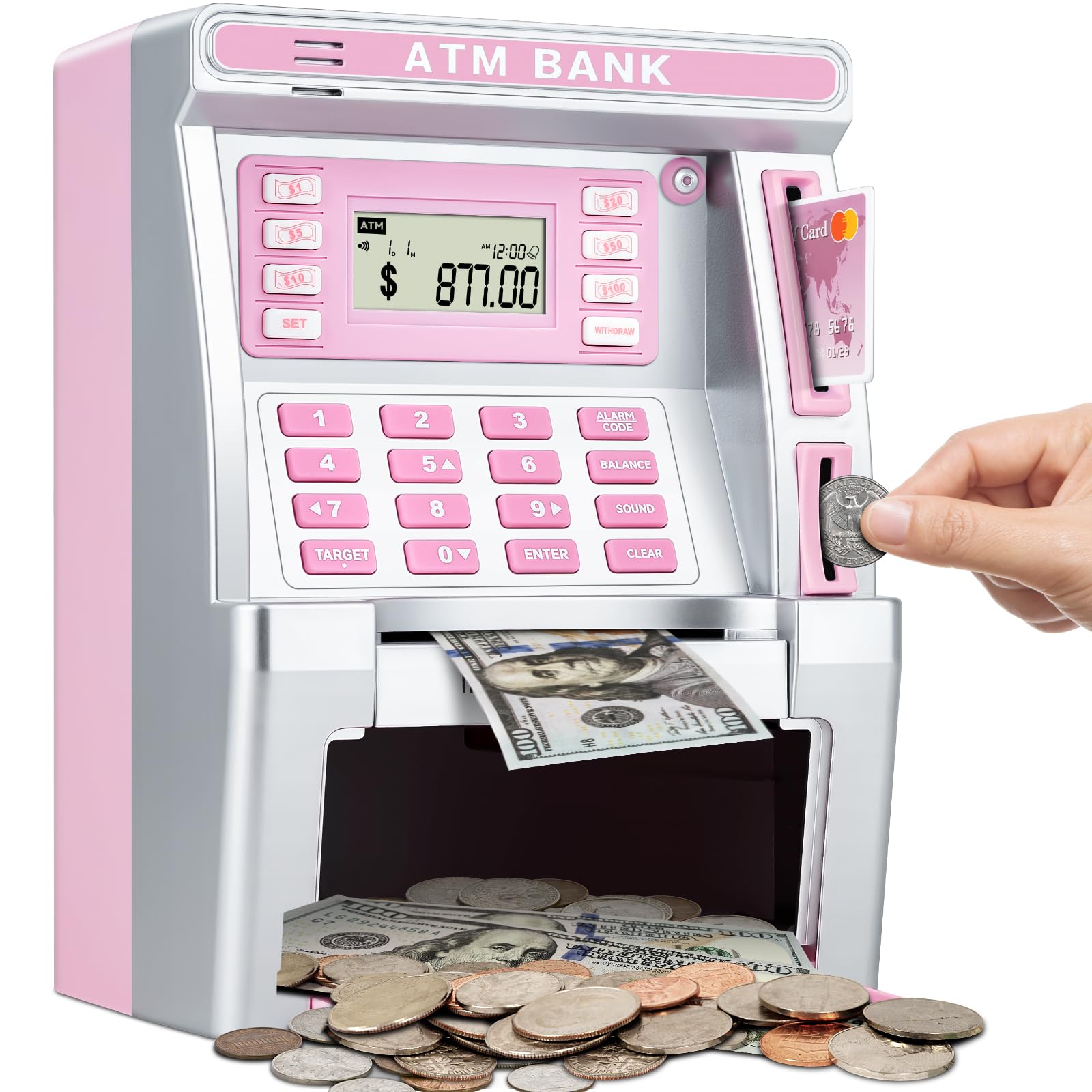 Jyusmile pink piggy ATM front for realistic savings play and money handling