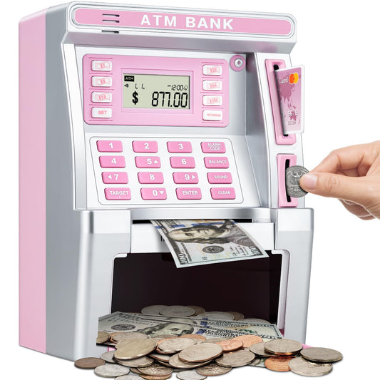 Jyusmile pink piggy ATM front for realistic savings play and money handling