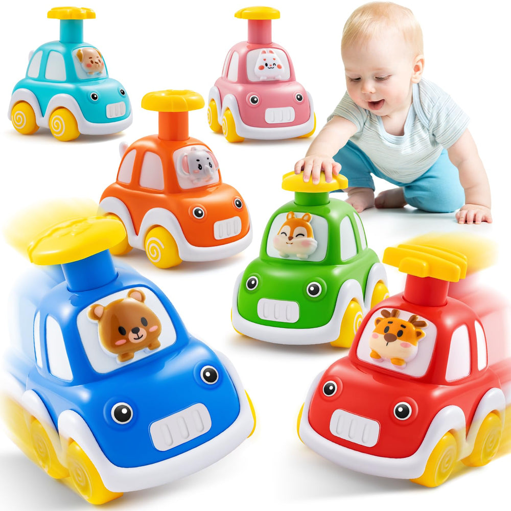 Jyusmile press-and-go cars six-pack with animal drivers for curious toddlers floor play.