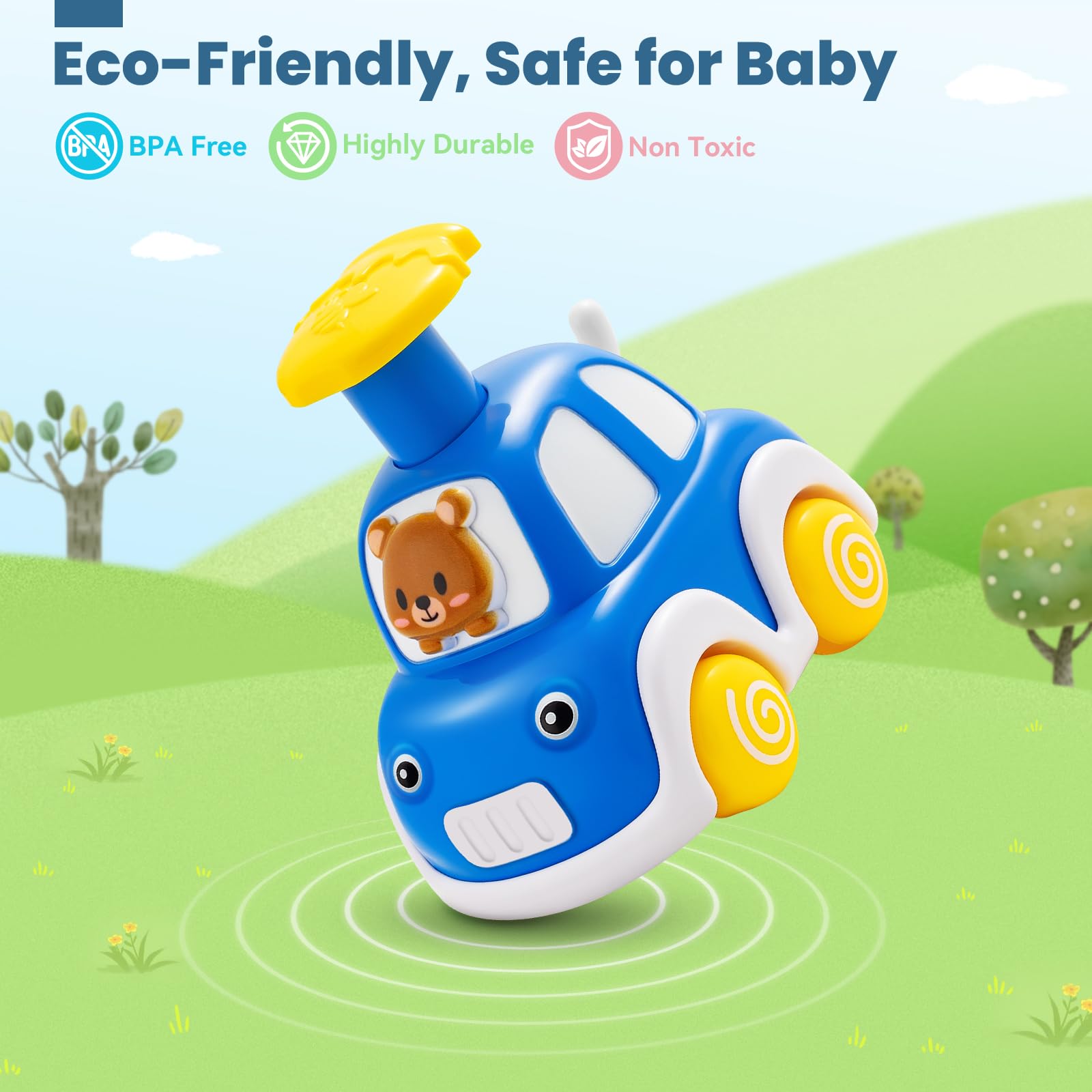 Jyusmile press-knob racing action encourages interactive play and cooperative races with siblings or friends.