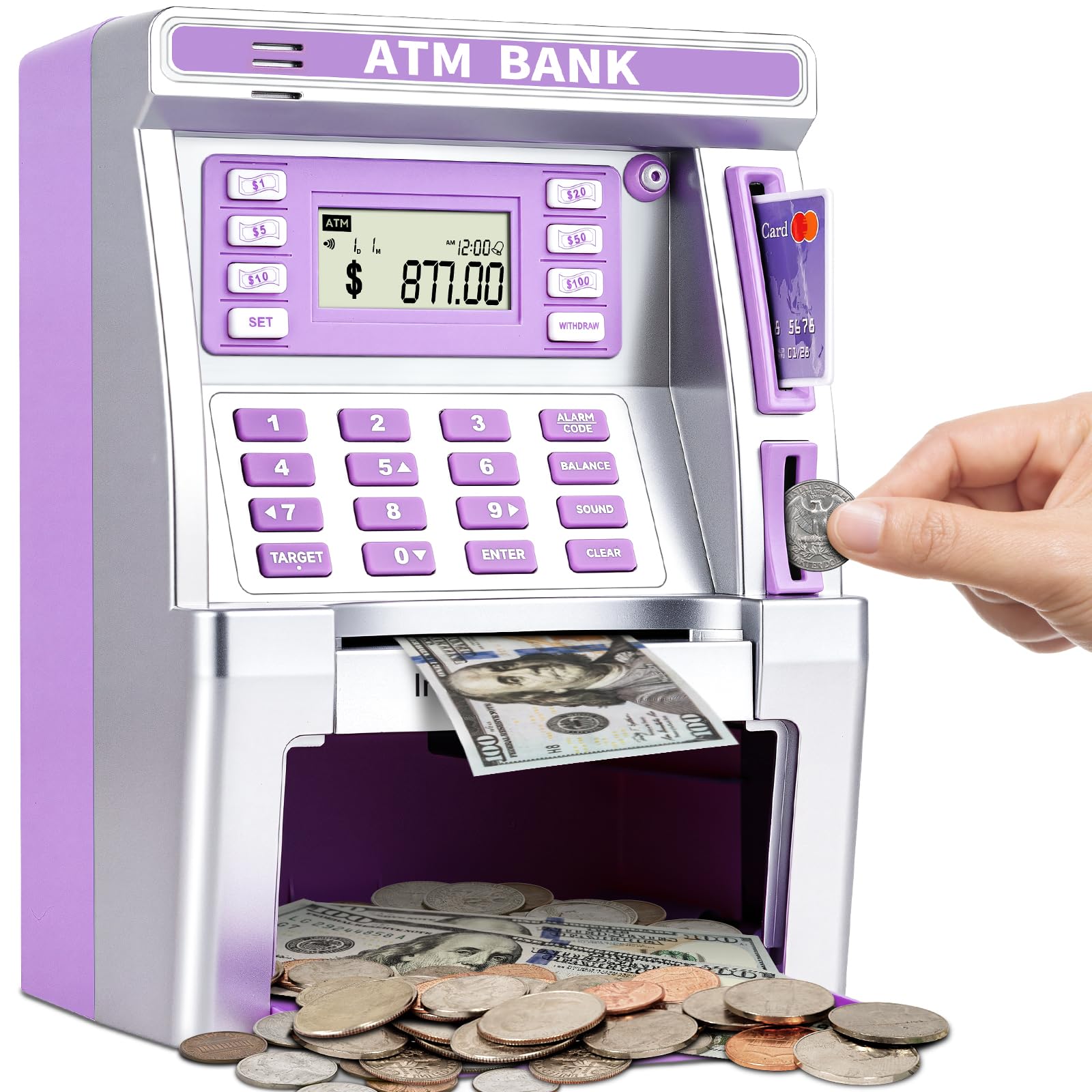 Jyusmile purple piggy bank ATM demonstrates real cash storage for kids to learn savings