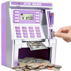 Jyusmile purple piggy bank ATM demonstrates real cash storage for kids to learn savings
