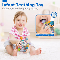Jyusmile twisting ball teether provides tactile stimulation and playful rattling.
