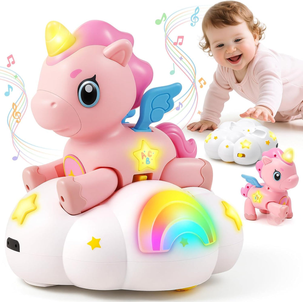 Jyusmile unicorn crawling toy on cloud base for tummy time play