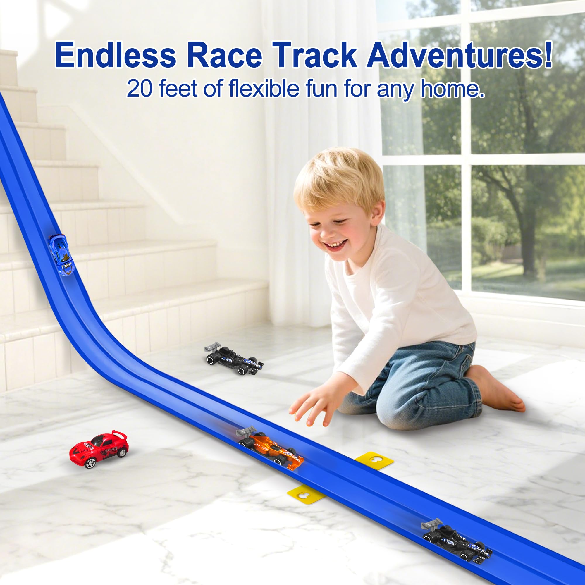 Jyyuehai two race cars beside the flex track for action