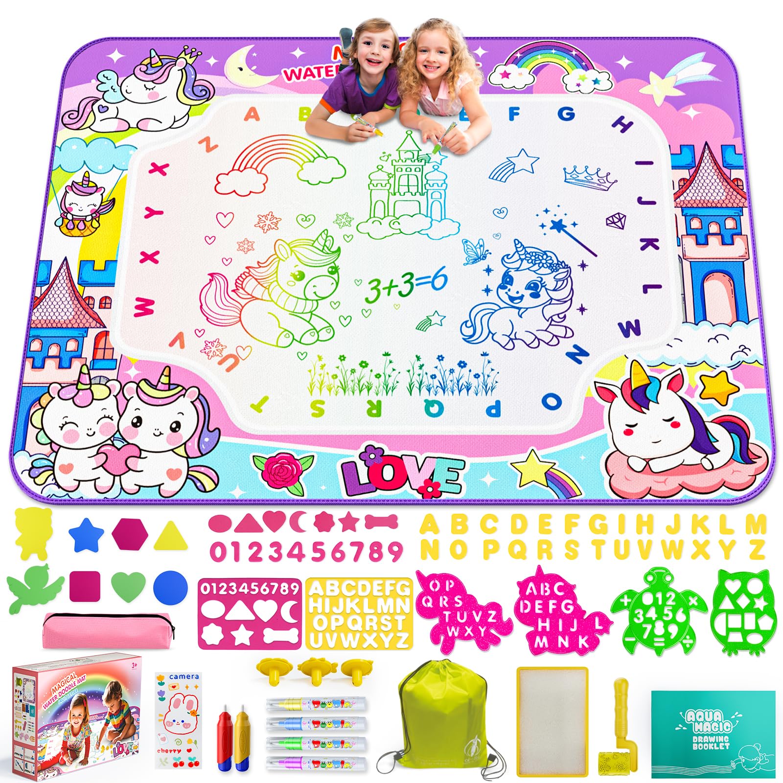 JZSIJ Water Doodle Mat with unicorn pattern and backpack for mess-free playtime.
