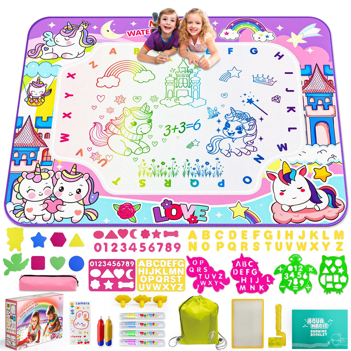 JZSIJ Water Doodle Mat with unicorn pattern and backpack for mess-free playtime.