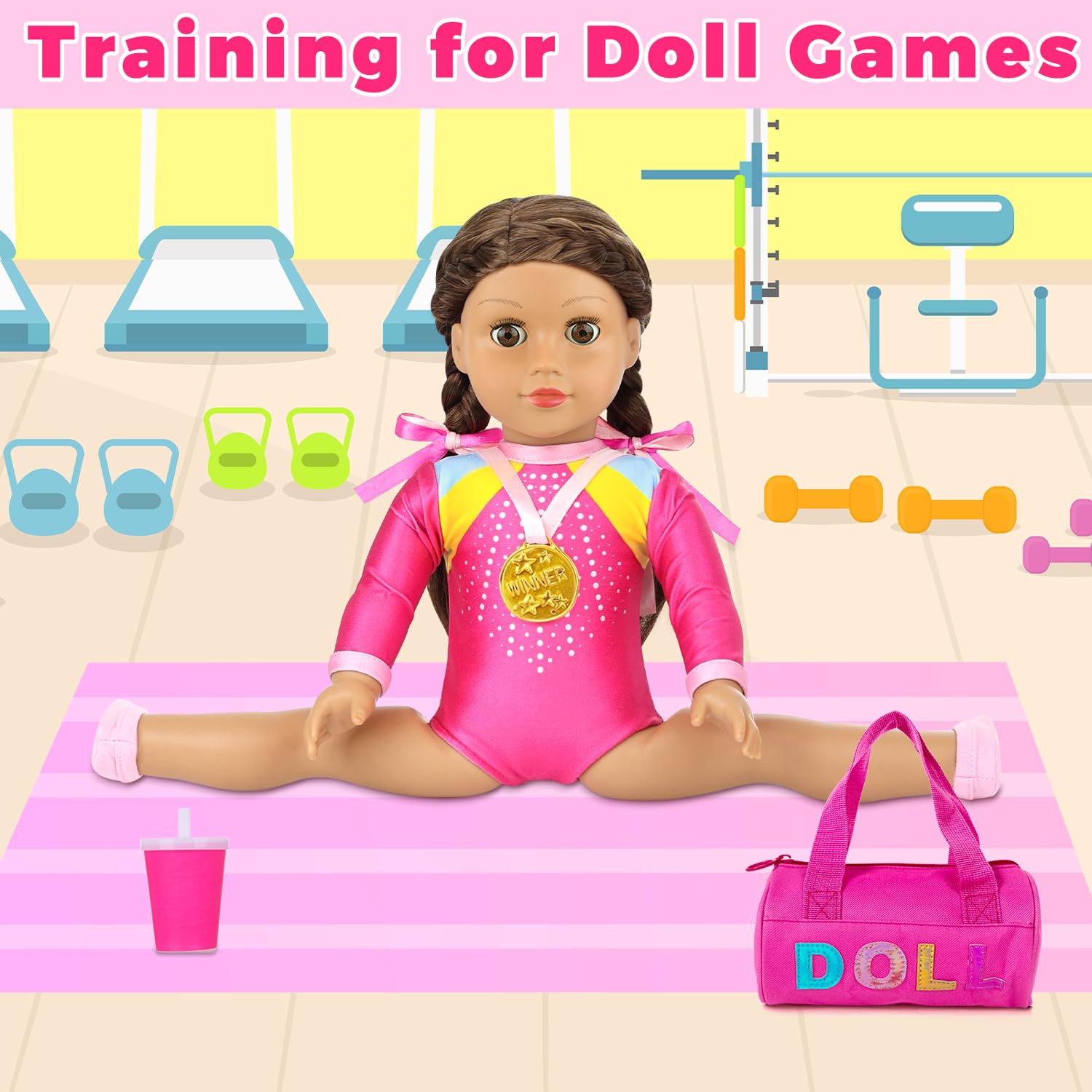 K.T. Fancy hair bows complete the gymnast look for 18-inch dolls.