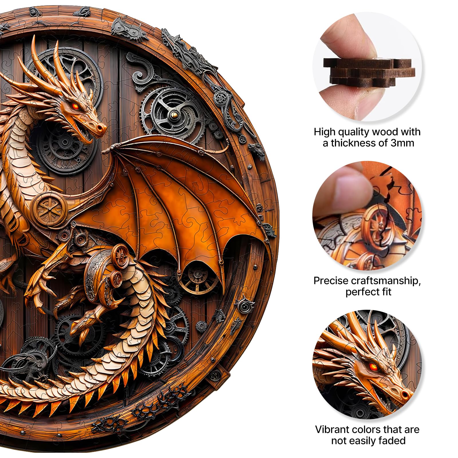 KAAYEE Dragon 3D puzzle gear close-up highlighting turning mechanisms and precision cuts.