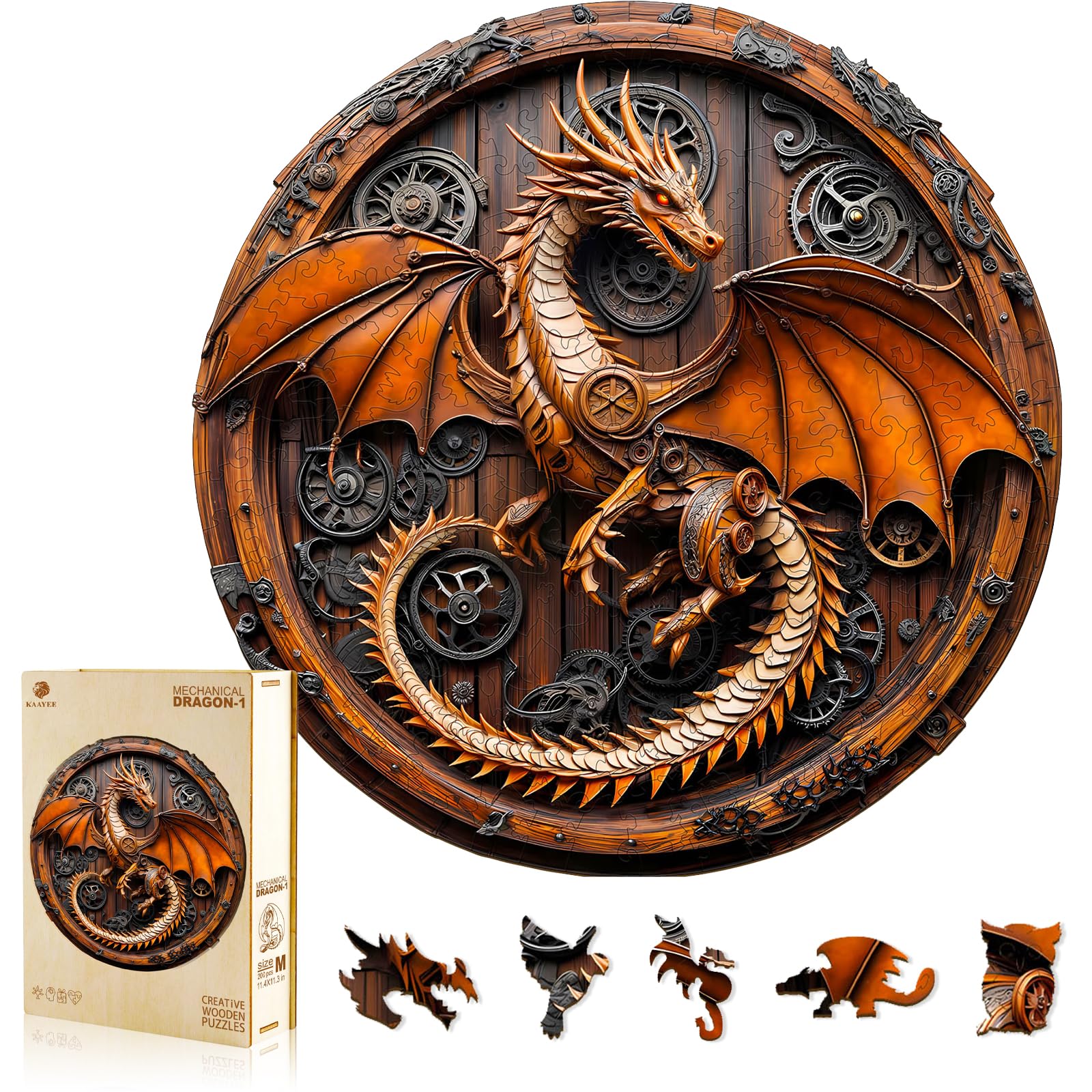 KAAYEE 3D dragon puzzle assembly shows turning gears, a captivating desktop centerpiece.