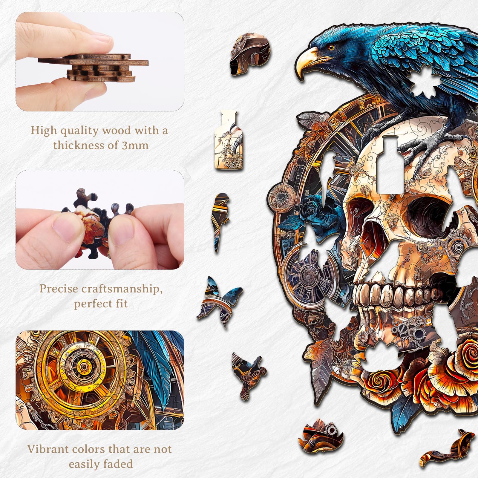 KAAYEE Mechanical Skull puzzle closeup: laser-cut accuracy for snug fits.