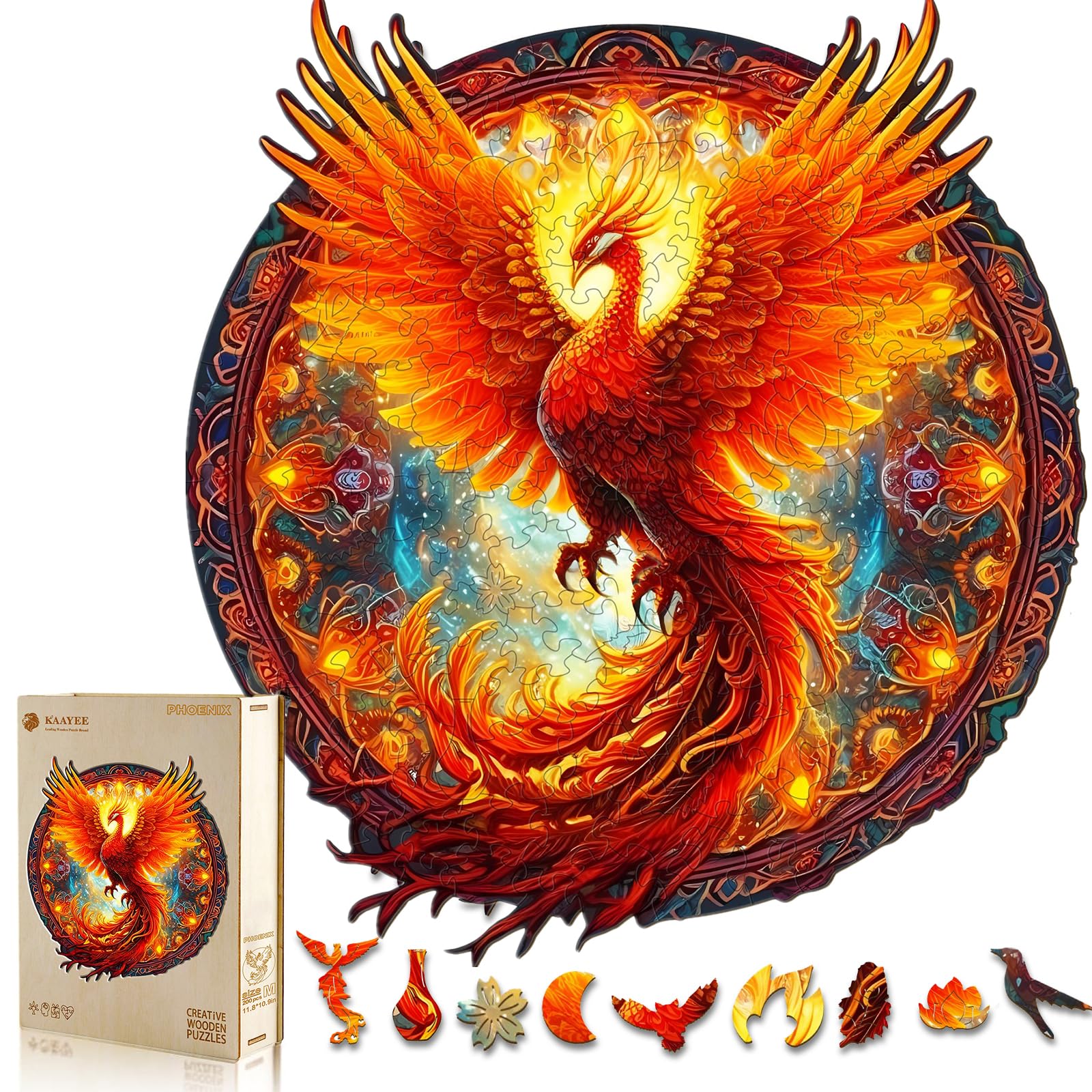 KAAYEE Phoenix wooden puzzle full view shows vibrant colors for living room display