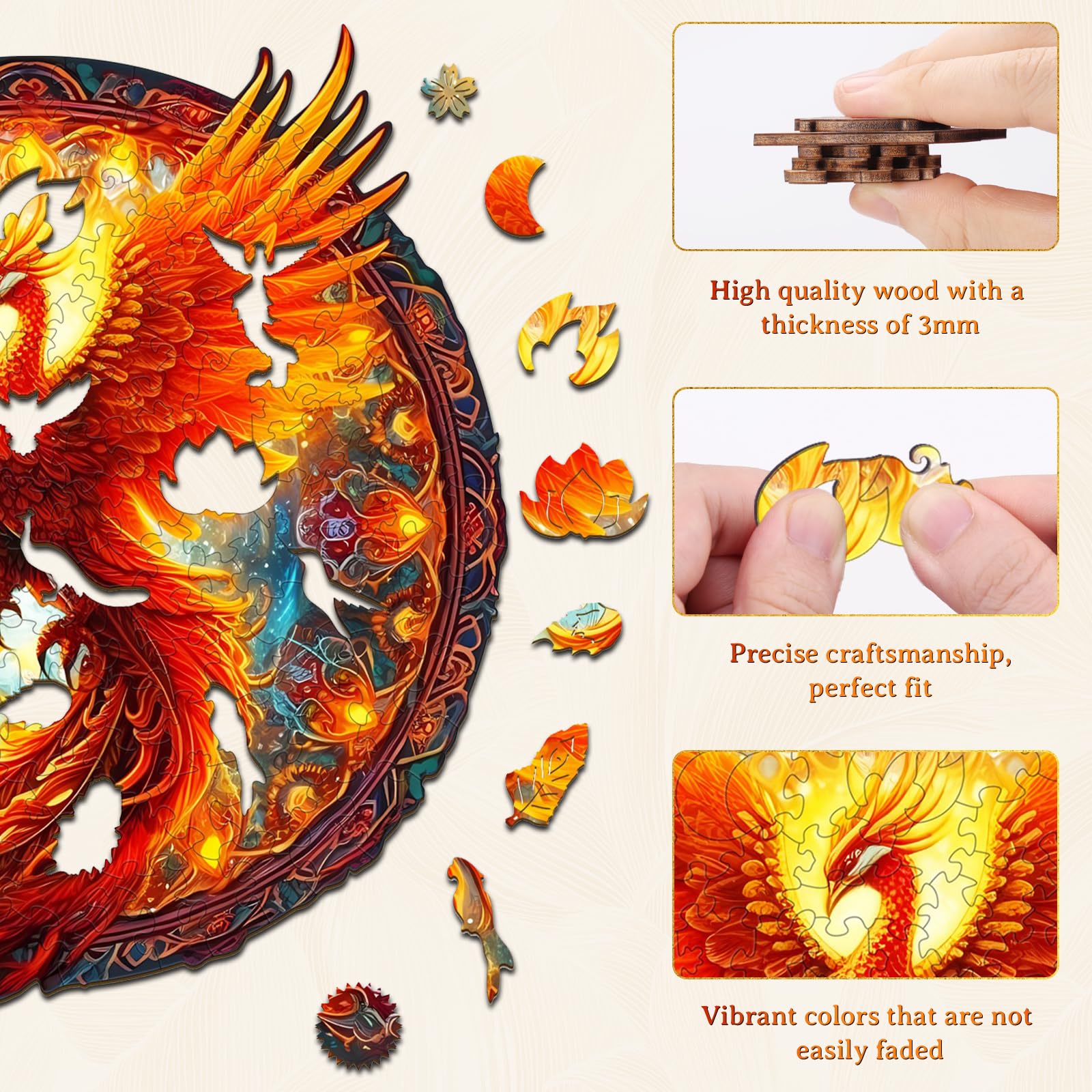 KAAYEE Phoenix puzzle pieces closeup highlights laser cut precision for tight fits