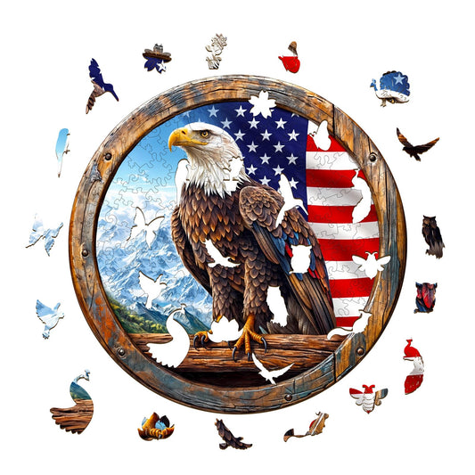 KAAYEE wooden puzzle: 3D bald eagle wings side view emphasizing depth and texture.