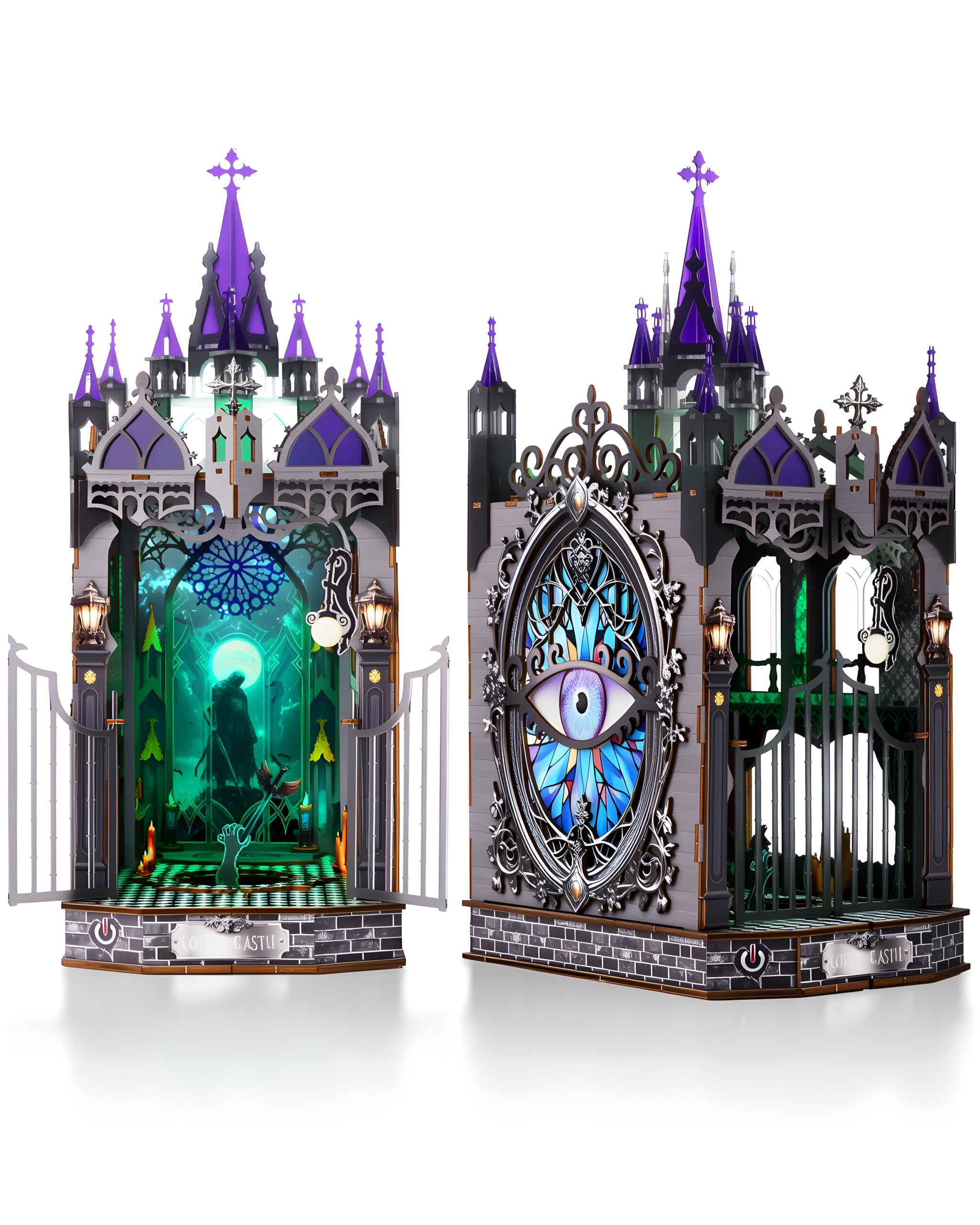 KaayeeWood Book Nook Kit showcases Gothic castle detail for enhanced shelf decor