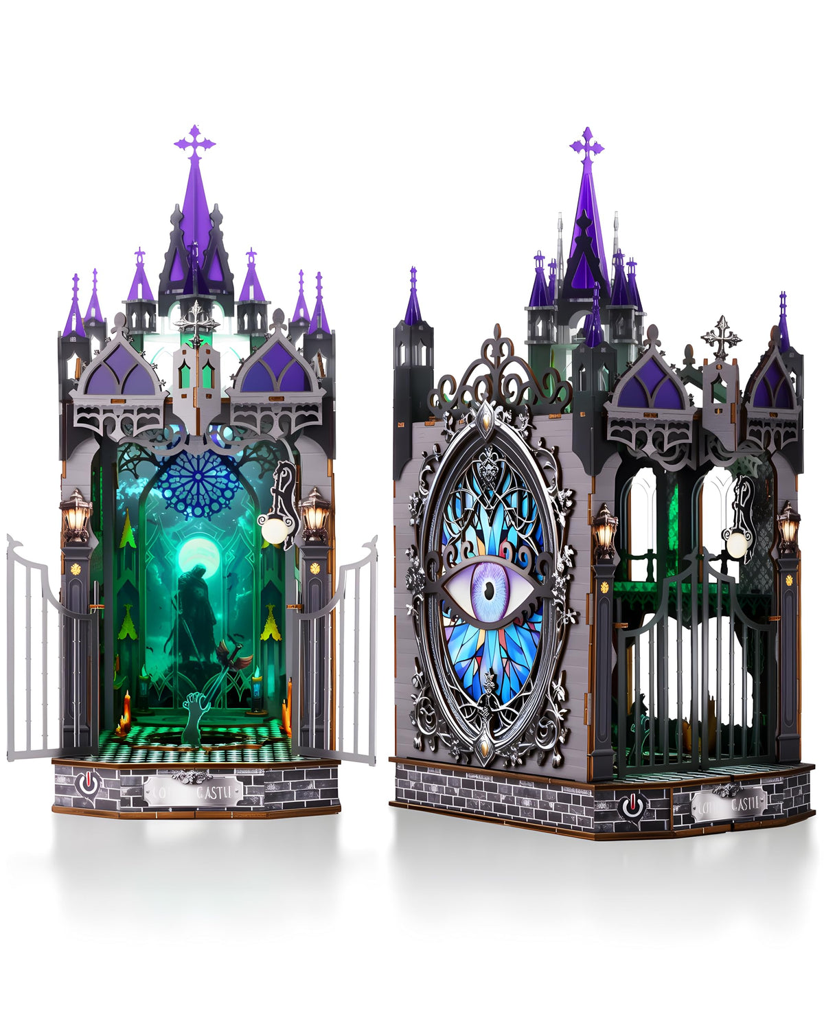 KaayeeWood Book Nook Kit showcases Gothic castle detail for enhanced shelf decor