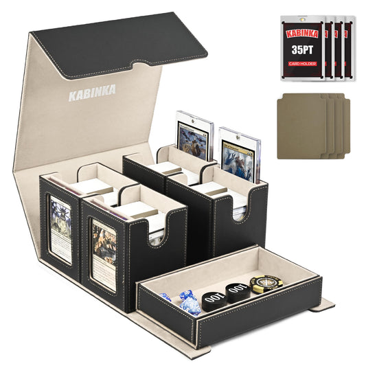 Kabinka card deck box with commander display windows showing top cards for quick access