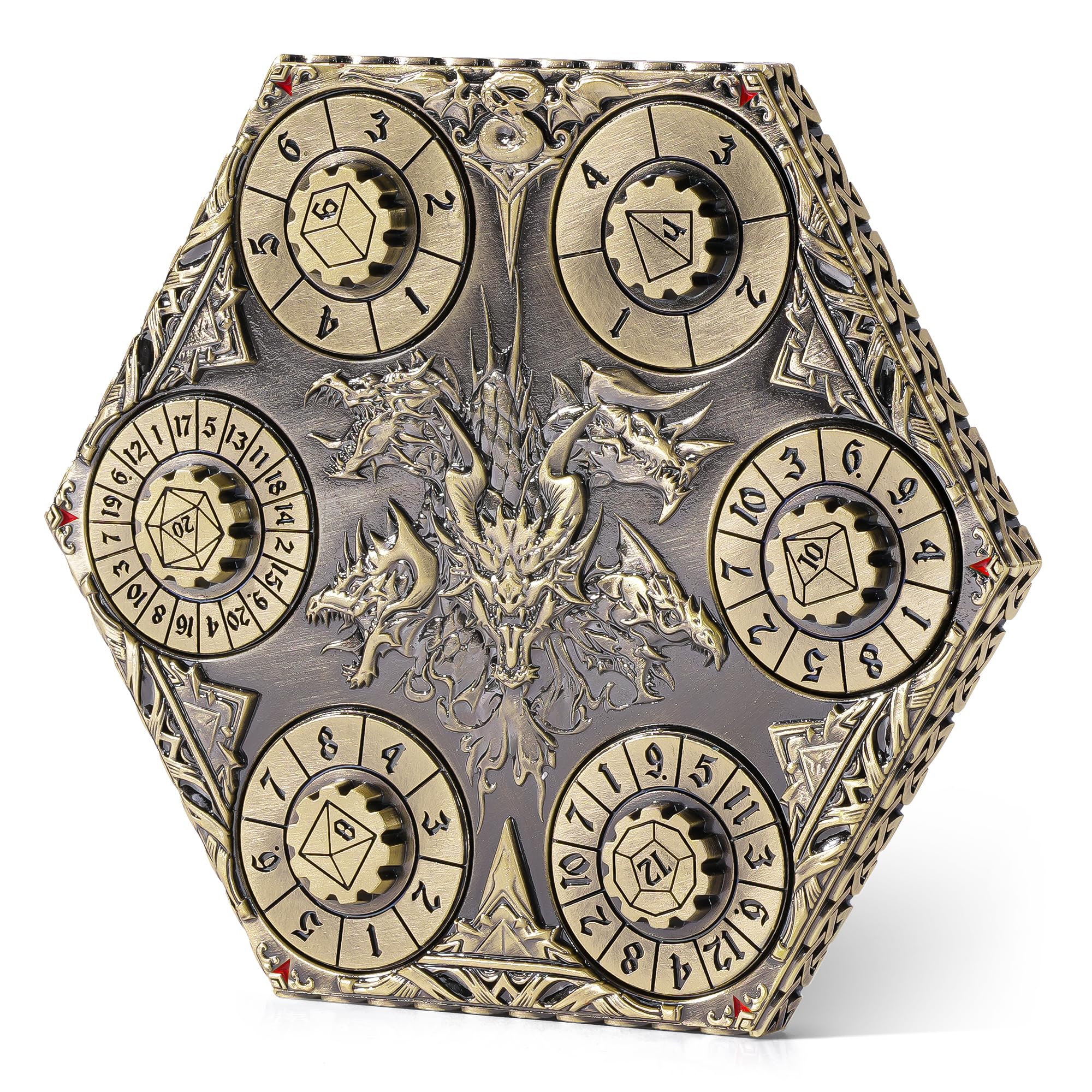 Kabinka bronze dragon Celtic pattern dice close up showing detailed metal craftsmanship