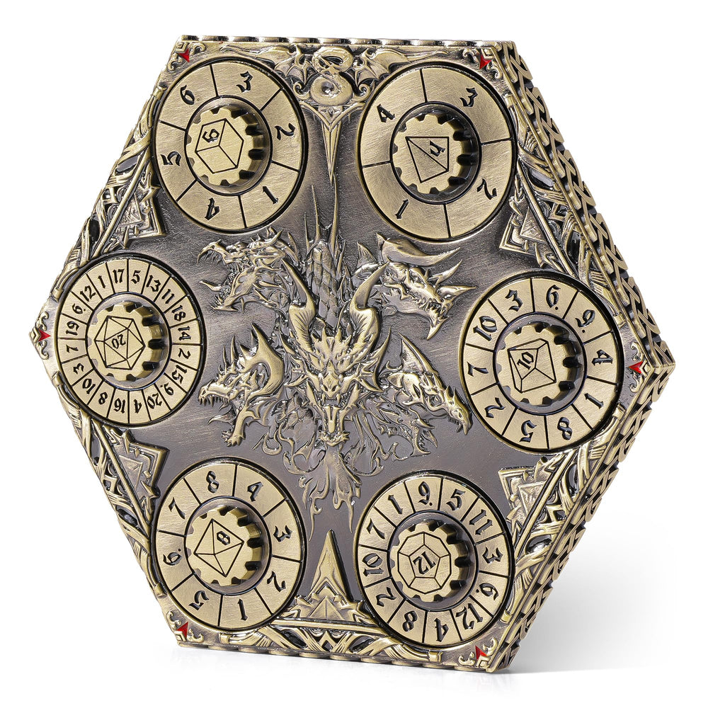 Kabinka bronze dragon Celtic pattern dice close up showing detailed metal craftsmanship