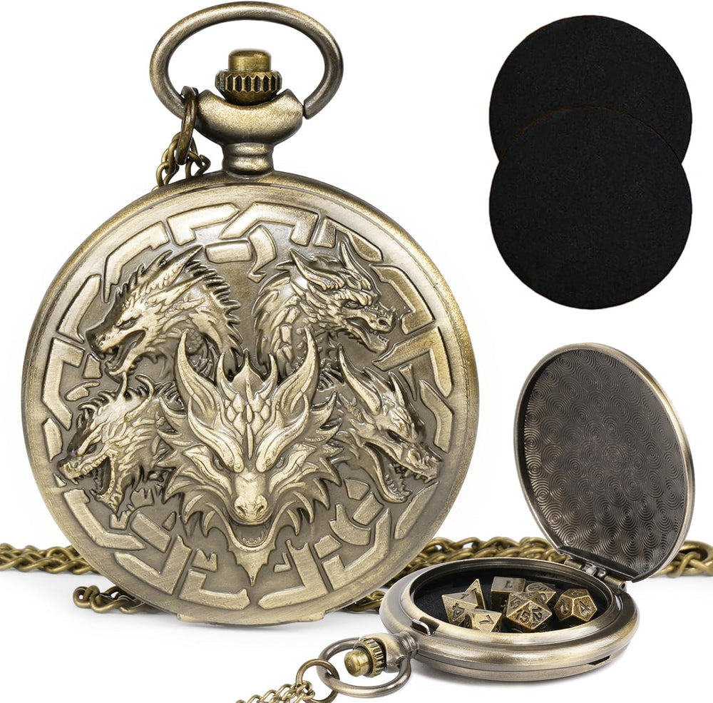 Kabinka DND dice set close-up of pocket watch shell highlighting dragon pattern for on-the-go RPG play.