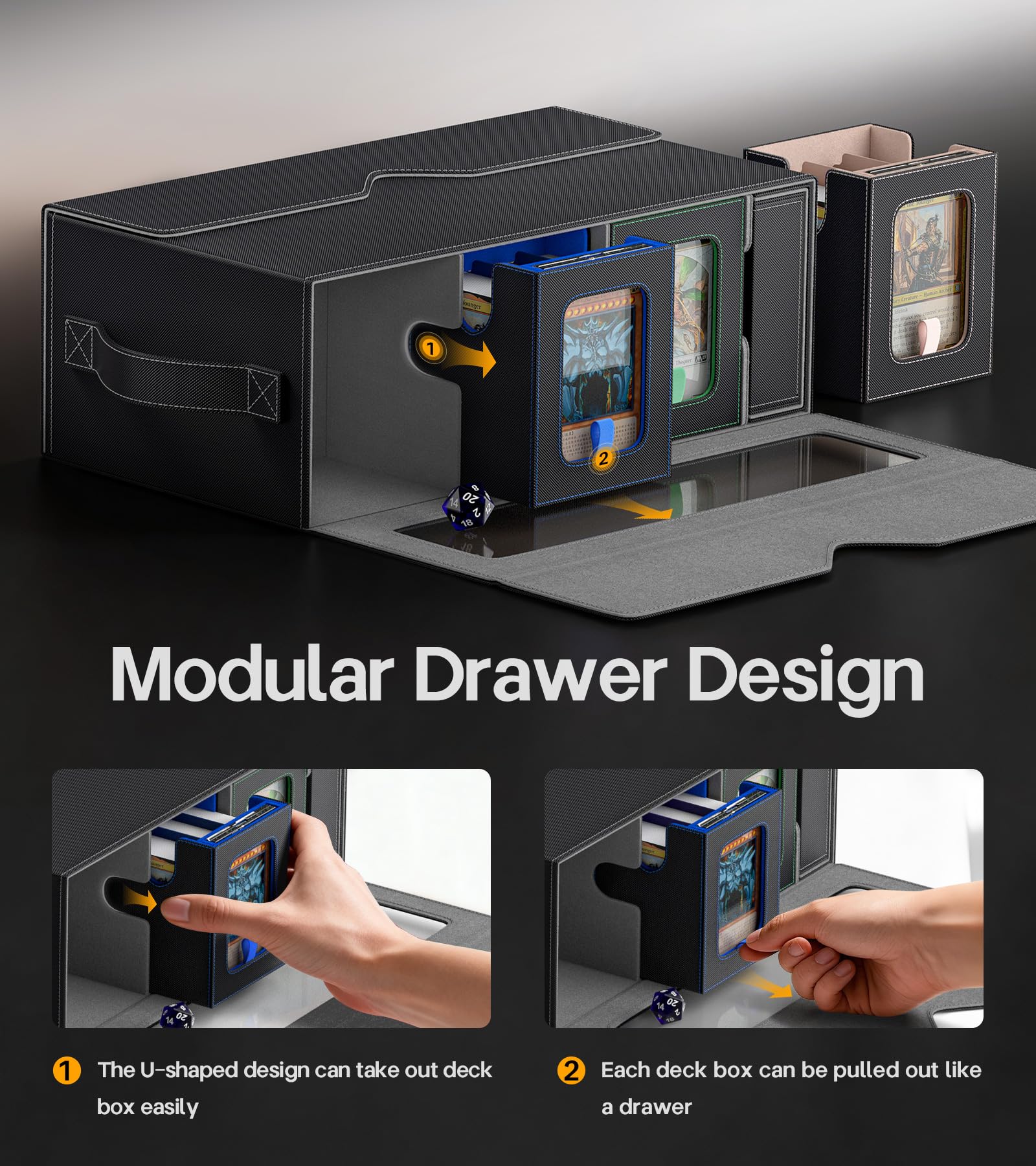 Kabinka MTG Commander Deck Box features dedicated commander slots and ID windows.