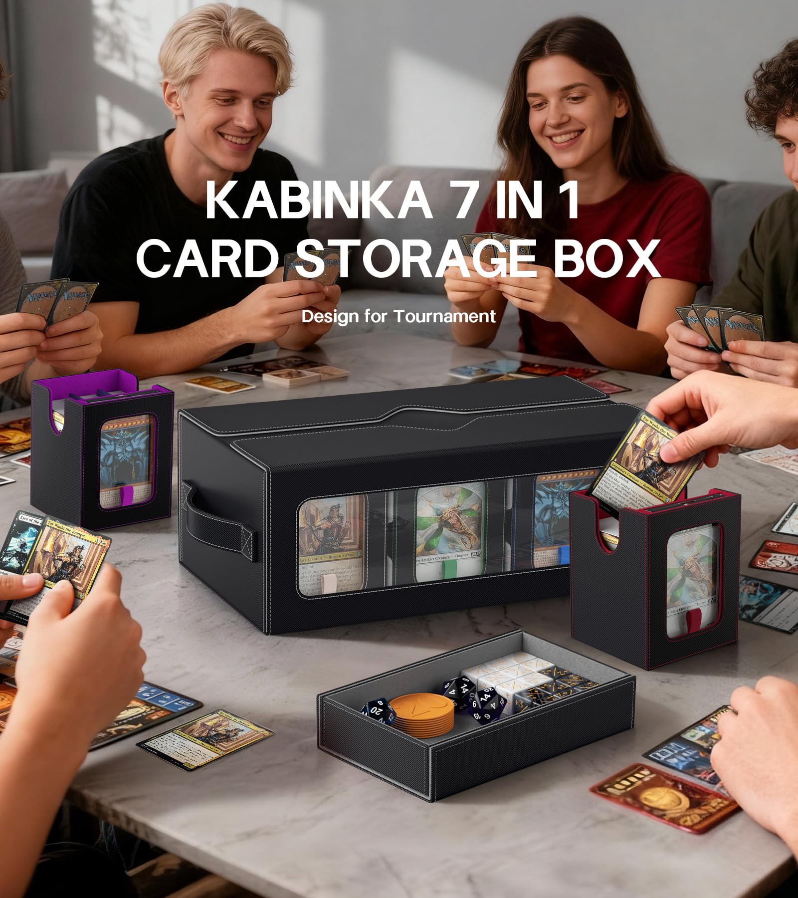 Kabinka MTG Commander Deck Box open lid shows dice tray and sleeves.
