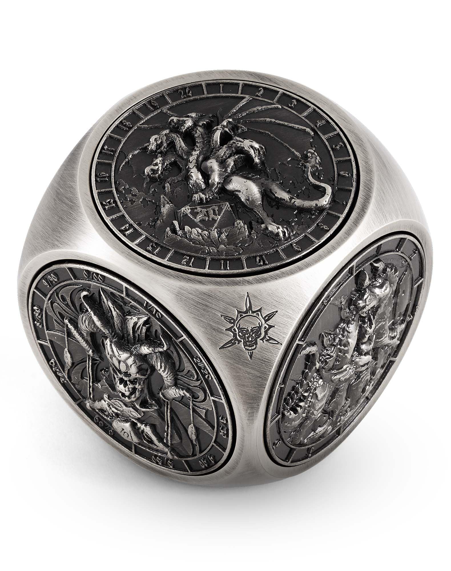 Kabinka spinner dice set in ancient silver showing seven faces for D&D.