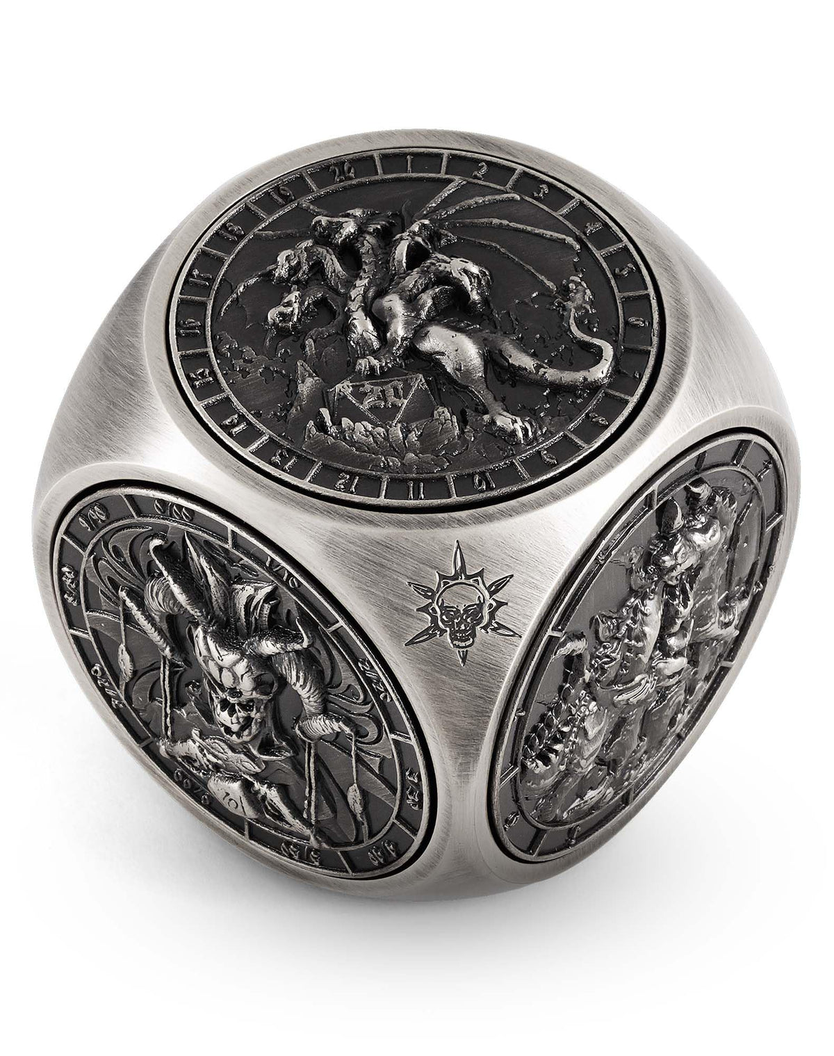 Kabinka spinner dice set in ancient silver showing seven faces for D&D.