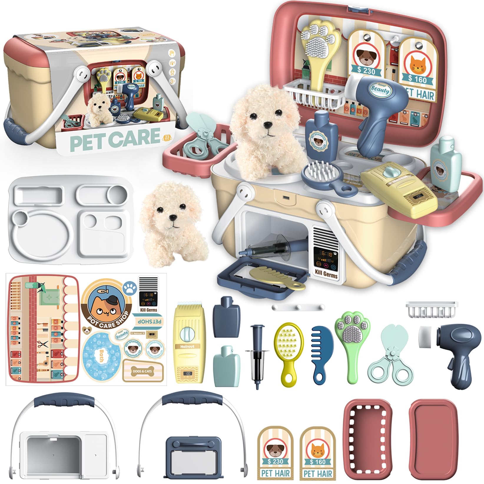 KAEGREEL Pet Care Playset case with organized storage for pretend pet care.