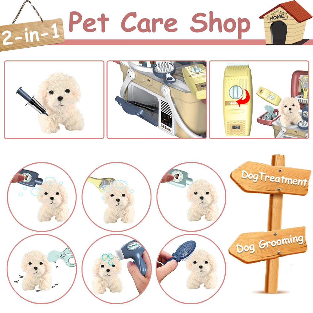 KAEGREEL Pet Care Playset plush dog toy ready for grooming pretend play.