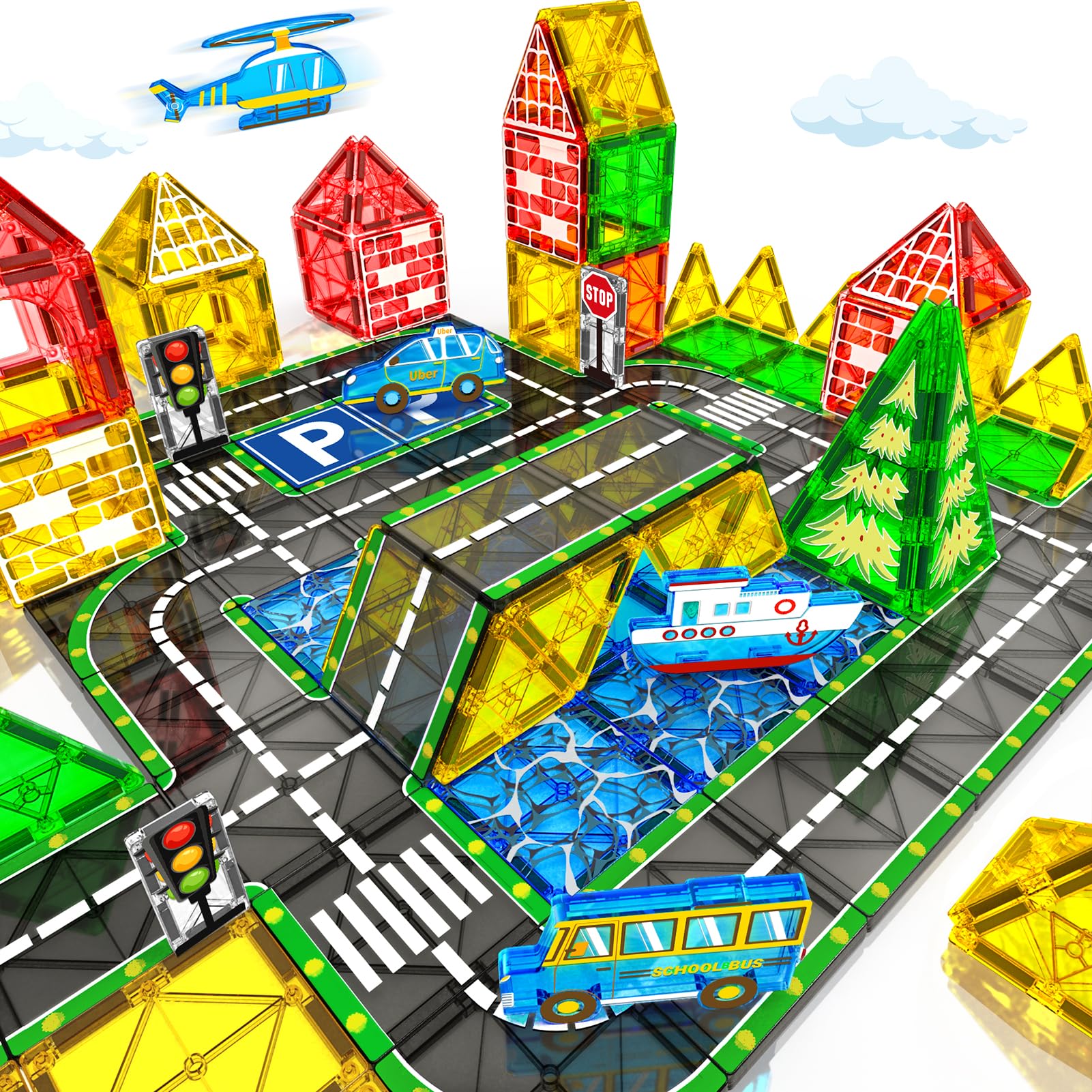 KAEILORU magnetic tiles road set showing kids building road layouts and imaginative driving play
