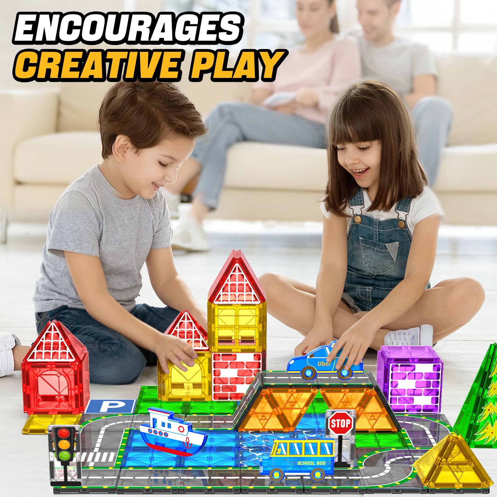 KAEILORU magnetic tiles vehicles allowing kids to simulate traffic with car, bus, plane, and boat