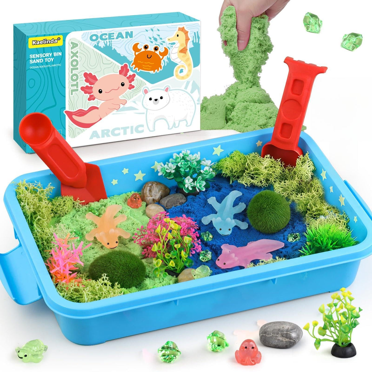 Kaelinda axolotl sensory bin set with three axolotls and accessories for creative play