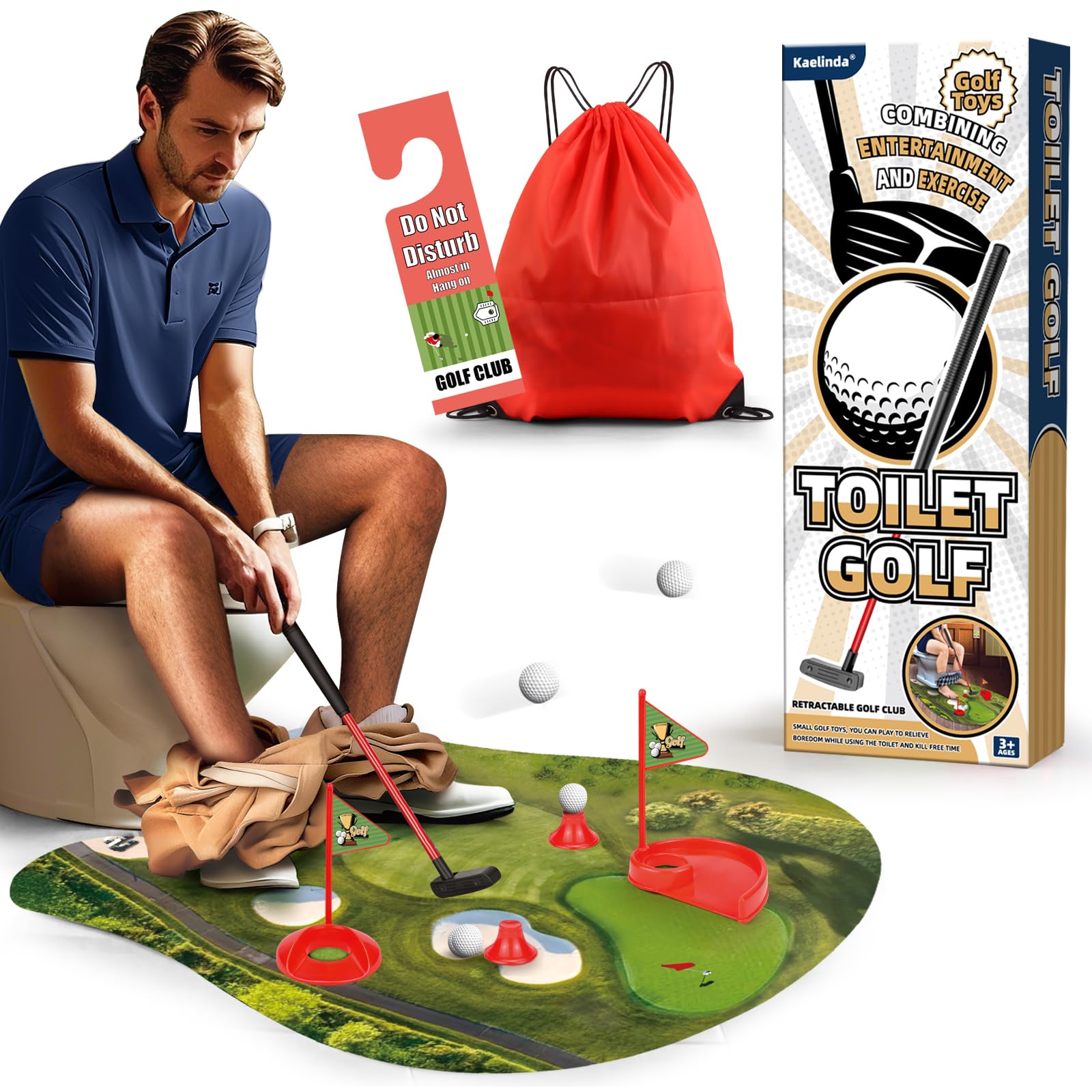 Kaelinda Toilet Golf Game mat set up for playful bathroom moments and quick laughs