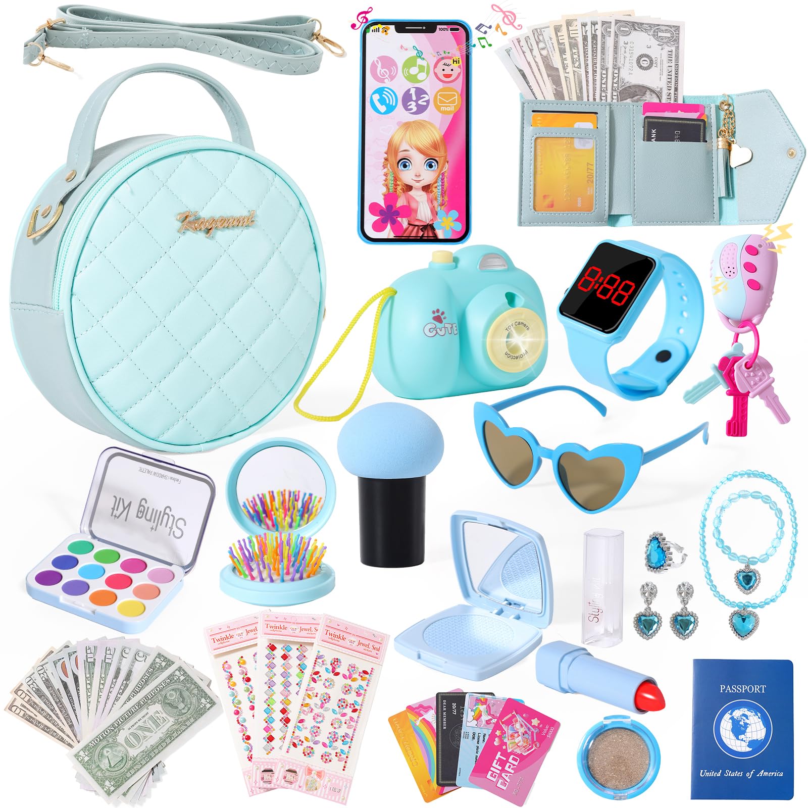 Kagenmi Play Purse blue purse with accessories for imaginative dress-up and pretend play.