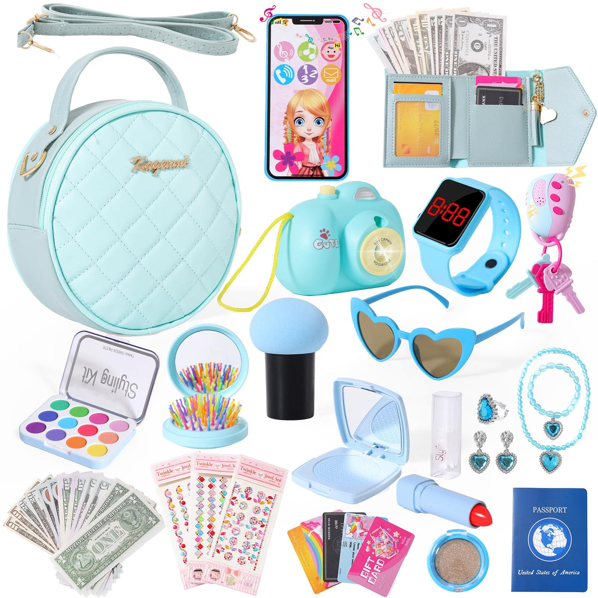 Kagenmi Play Purse blue purse with accessories for imaginative dress-up and pretend play.