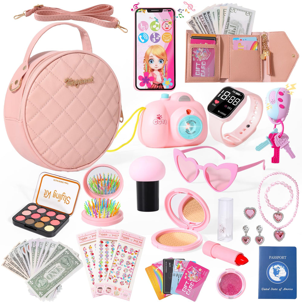 Kagenmi Play Purse pink front view with pretend accessories for imaginative play