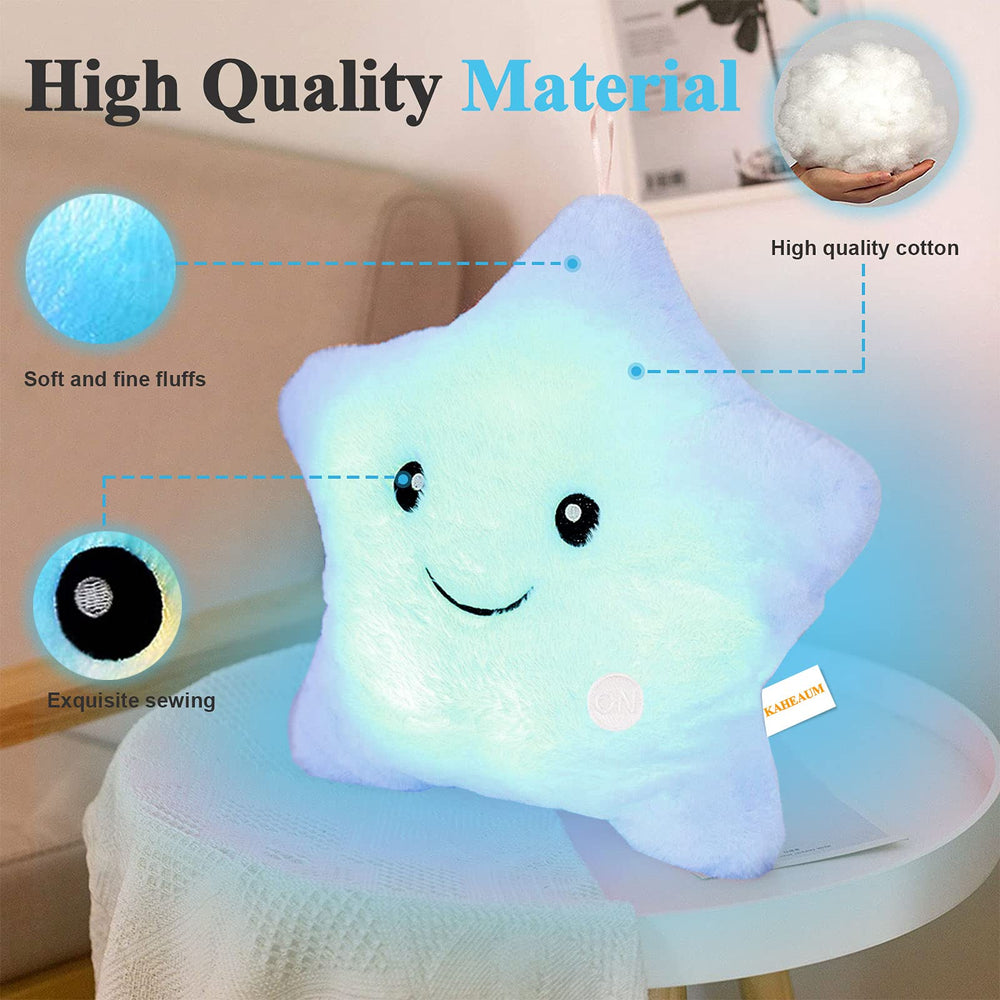 KAHEAUM embroidered eyes star pillow highlights durable design for safe play.