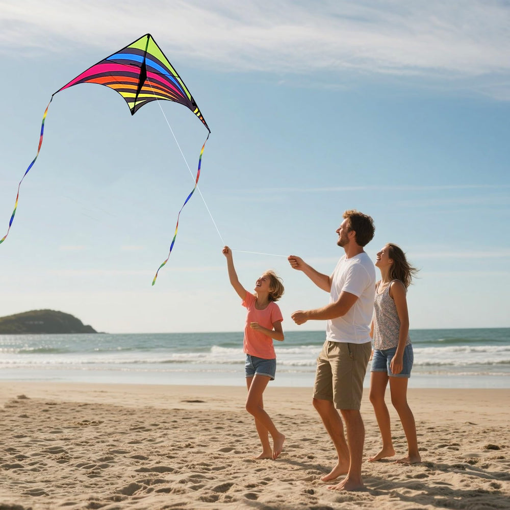 Kaiciuss Delta Kite rainbow triangle brightly colored for family-friendly outdoor fun