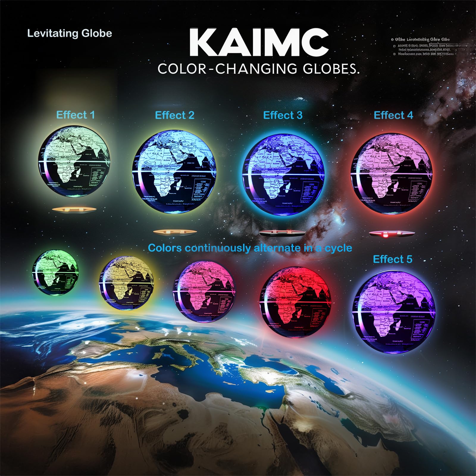 KAIMC levitating-world-globe gently rotates with color-changing LEDs for ambient lighting and intrigue.
