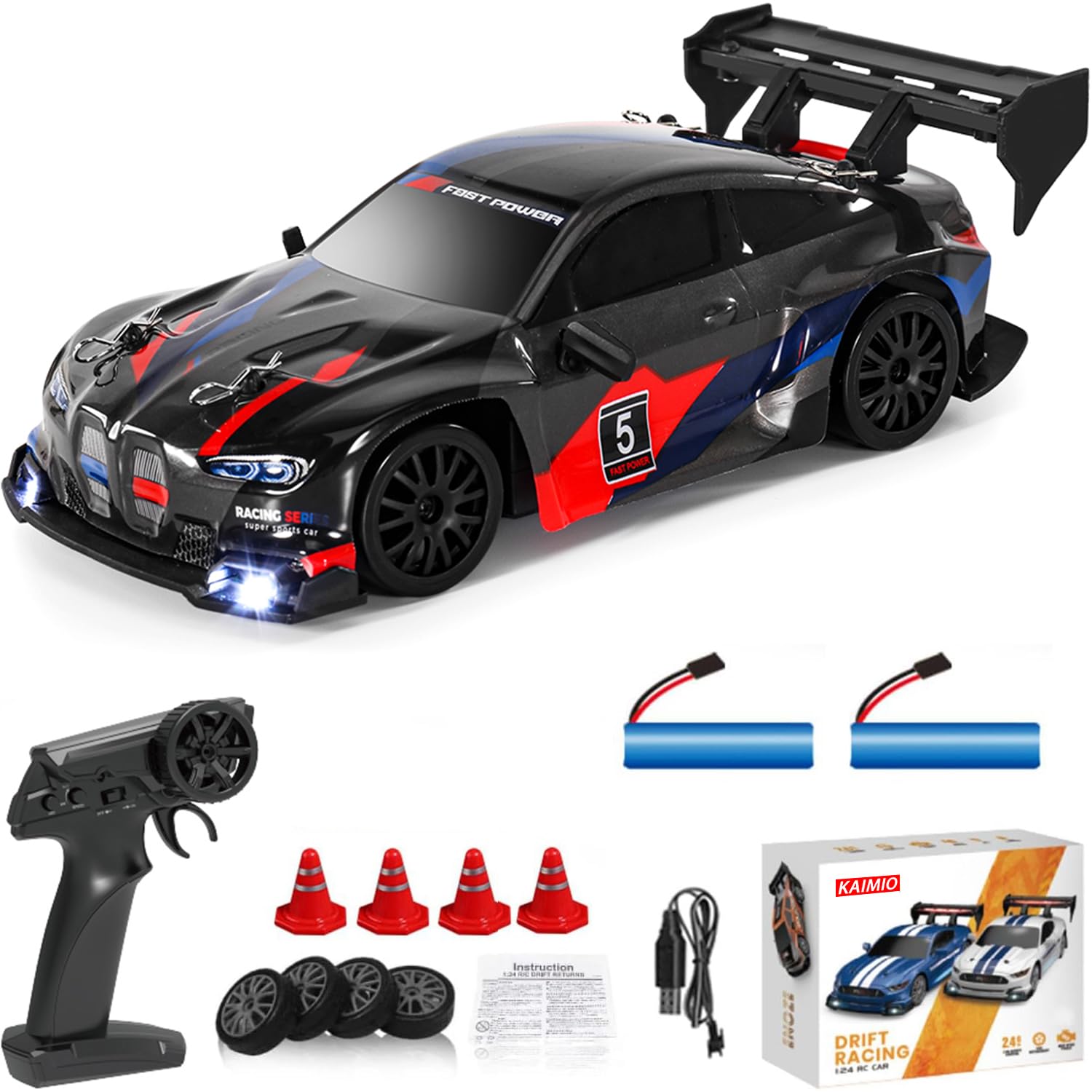 KAIMIO 1:24 scale RC drift car front view with LED lights for night racing