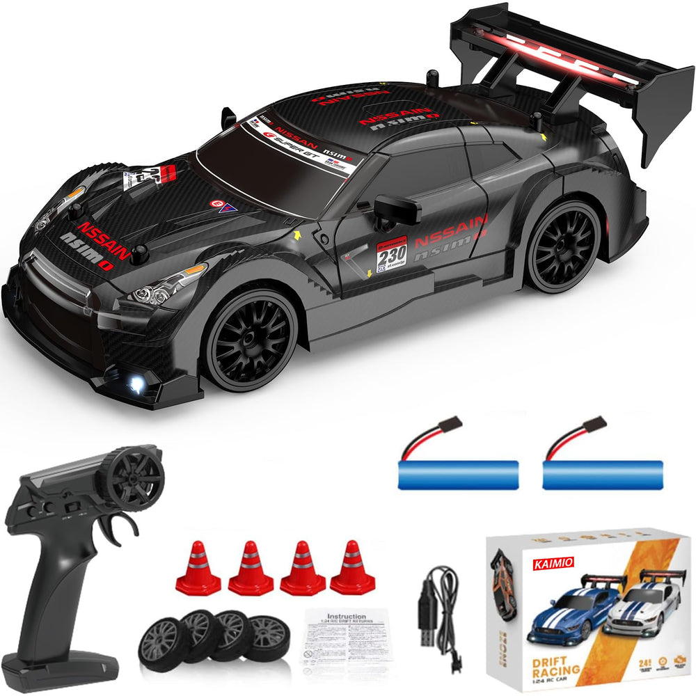 KAIMIO 1:24 scale RC drift car front view with LED lights for night driving.