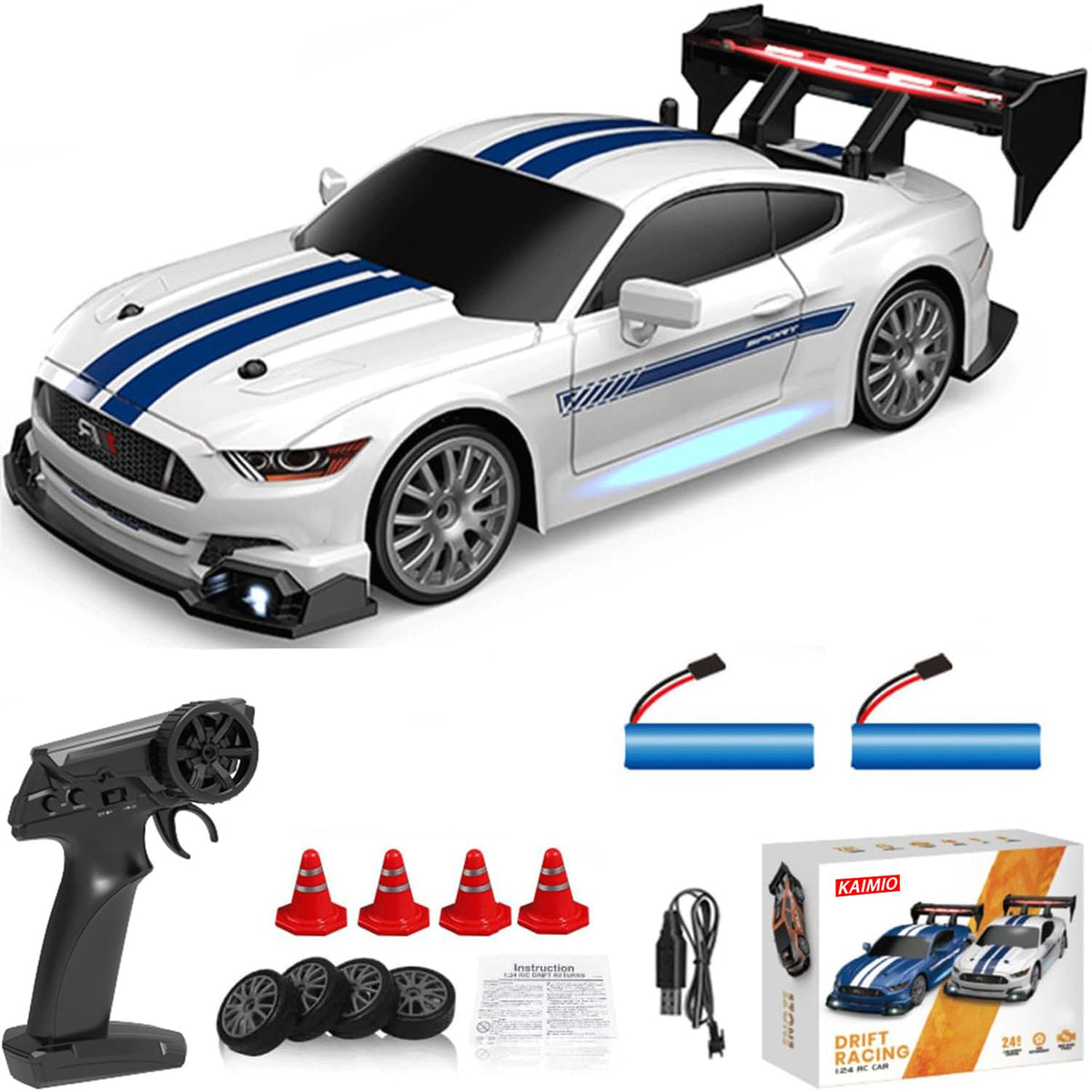 KAIMIO 1:24-scale RC drift car front view shows 4WD stability for precise drifting.